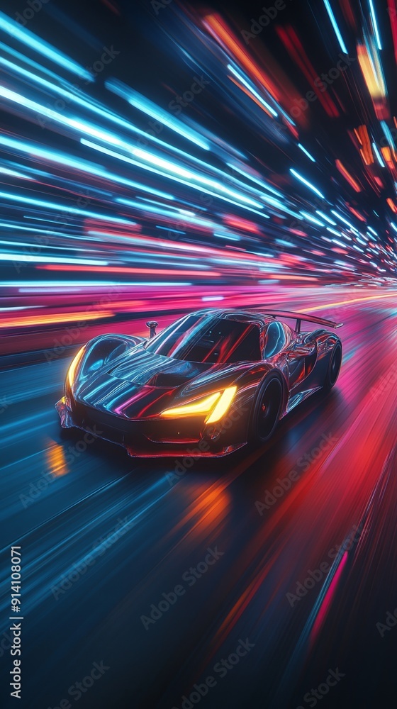 Obraz premium Futuristic Supercar Accelerating on Neon-Lit Highway: High-Speed Thrill with Colorful Light Trails. Dynamic Concept Vehicle Showcasing Power and Innovation in Cutting-Edge Automotive Design. 4K Illust