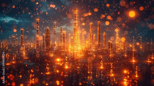 Futuristic Cityscape with Glowing Lights 3D Illustration