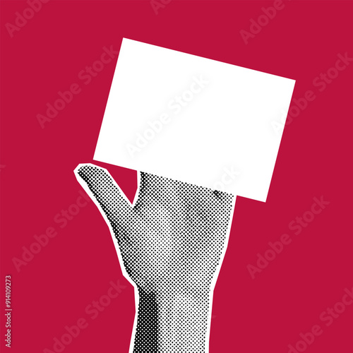 Halftone collage of a womans hand holding a blank white sheet of paper  or businesscard. Trendy vintage vector illustration on red background