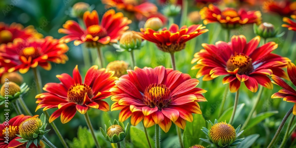 Fototapeta premium Vibrant red and yellow flowers blooming together in a lush green garden, surrounded by delicate leaves and stems, capturing the essence of summer's beauty.