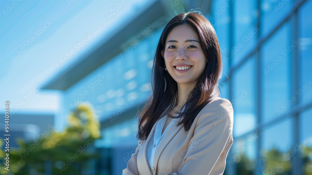 夏のオフィスビル前に立つ日本人若手ビジネスウーマン 夏のオフィスビル前に立つ日本人若手ビジネスウーマン