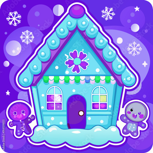 Cute Gingerbread House with Snowflakes and Characters for Christmas Illustration