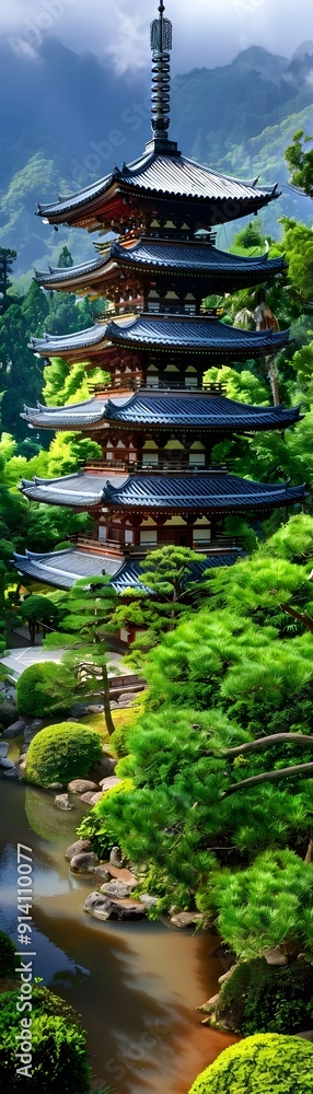 Fototapeta premium Traditional Japanese Pagoda in a Lush Garden.