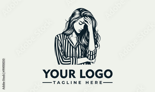 Woman with hand on forehead vector logo, striped shirt appears sad. Suitable for mental health, emotion, stress concepts.