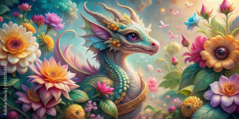 Obraz premium Adorable dragon surrounded by vibrant flowers and ornate decorations, set against a soft pastel background, with intricate details and delicate textures.