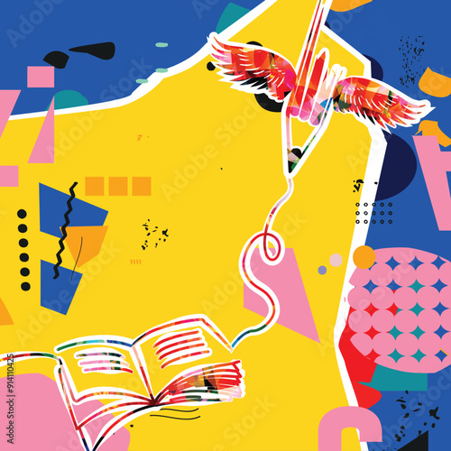 Book to read or book review concept. Open book vector with pencil on colorful background. Library online design