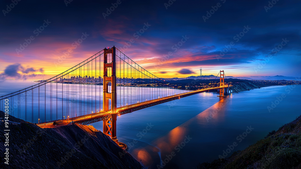 Obraz premium A bridge spans a body of water with a beautiful sunset in the background. The bridge is illuminated by lights, creating a serene and peaceful atmosphere