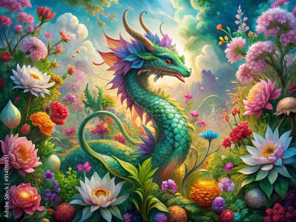 Vibrant floral arrangement featuring a majestic dragon surrounded by blooming flowers, leaves, and vines in a whimsical, dreamlike atmosphere with pastel colors. Vibrant floral arrangement featuring a majestic dragon surrounded by blooming flowers, leaves, and vines in a whimsical, dreamlike atmosphere with pastel colors.