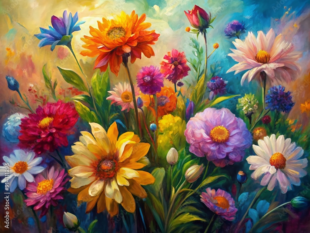 Fototapeta premium Vibrant oil paint illustration of blooming flowers in fluid abstract expressionism, exuding tender aesthetics and colorful inspiration, perfect for wall decoration and modern digital art.
