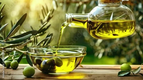 Olive Harvest with Olive Oil Pouring into a Bowl: Fresh and Natural Culinary Delight