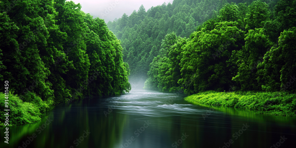 A lush green forest with a river running through it. The water is calm and the trees are full of leaves. Concept of tranquility and serenity A lush green forest with a river running through it. The water is calm and the trees are full of leaves. Concept of tranquility and serenity