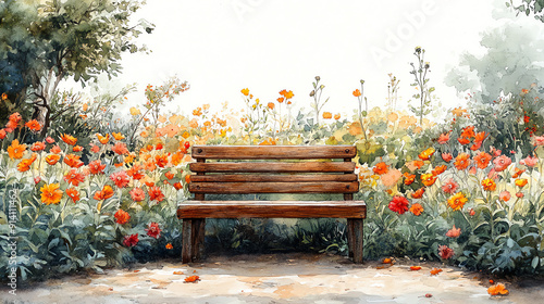 A tranquil wooden bench surrounded by vibrant flowers, perfect for relaxation and nature appreciation. photo