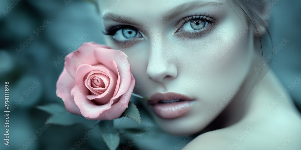 A close-up portrait of a woman with striking blue eyes holding a pink rose near her face, set against a soft, blurred background A close-up portrait of a woman with striking blue eyes holding a pink rose near her face, set against a soft, blurred background
