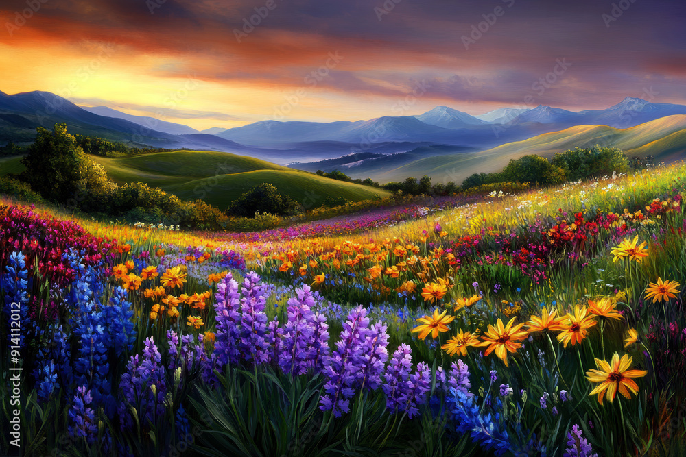 Obraz premium A painting of a field of flowers with a mountain in the background. The painting has a serene and peaceful mood, with the bright colors of the flowers and the calmness of the landscape
