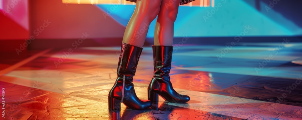 Fototapeta premium Mod girl in a miniskirt and go-go boots, 4K hyperrealistic photo