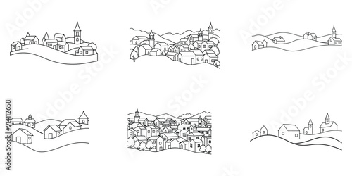 Village Line Art: Elegant Vector Illustrations of Countryside Scenes
