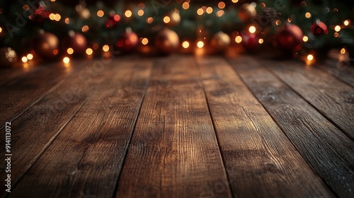 Rustic Christmas Charm: Empty wooden table with festive bokeh background, perfect for holiday product displays. 
