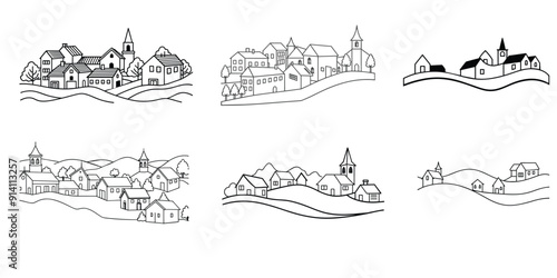 Village Line Art: Elegant Vector Illustrations of Countryside Scenes
