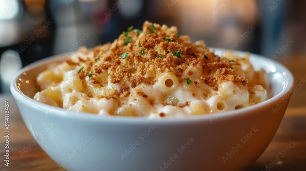 A bowl of creamy macaroni and cheese garnished with crispy breadcrumbs, served in a cozy restaurant atmosphere. A bowl of creamy macaroni and cheese garnished with crispy breadcrumbs, served in a cozy restaurant atmosphere.