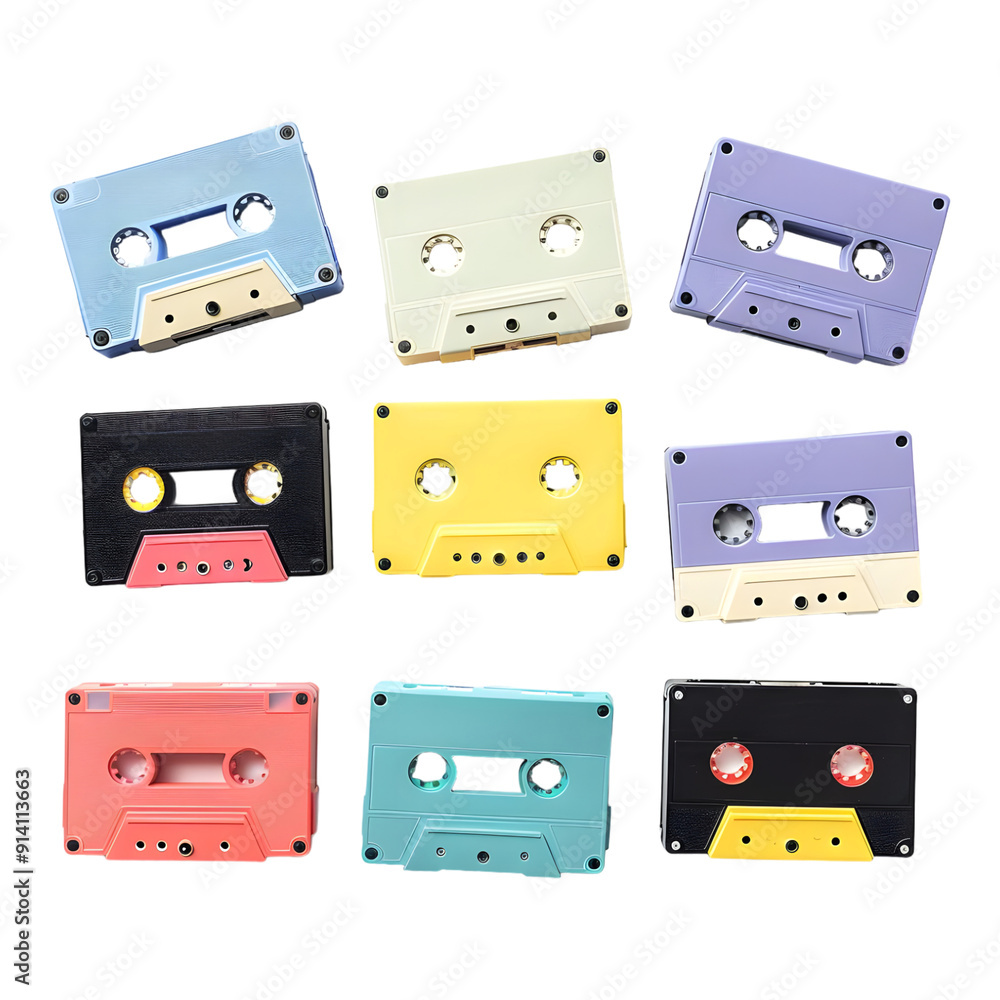 Fototapeta premium Different colored recordable music cassettes on transparent background