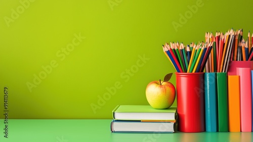 Modern school desk with colorful books, pencil cup and apple on green background