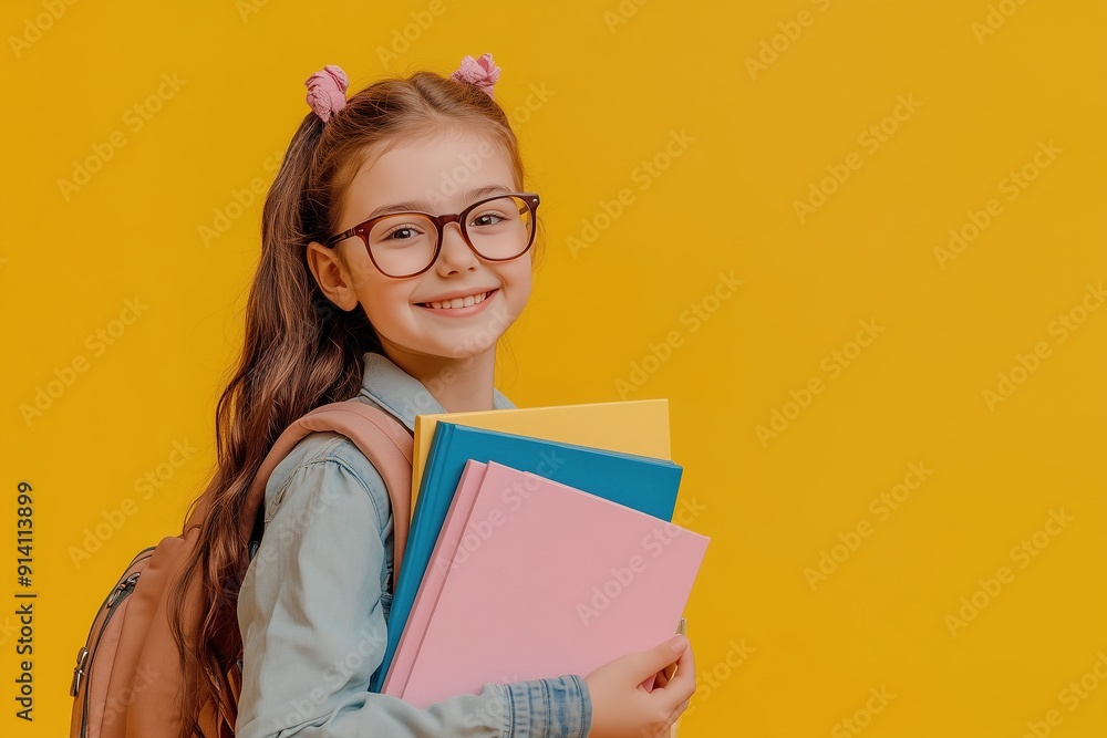 Portrait of a happy school girl with glasses holding books and a backpack on a yellow background Portrait of a happy school girl with glasses holding books and a backpack on a yellow background