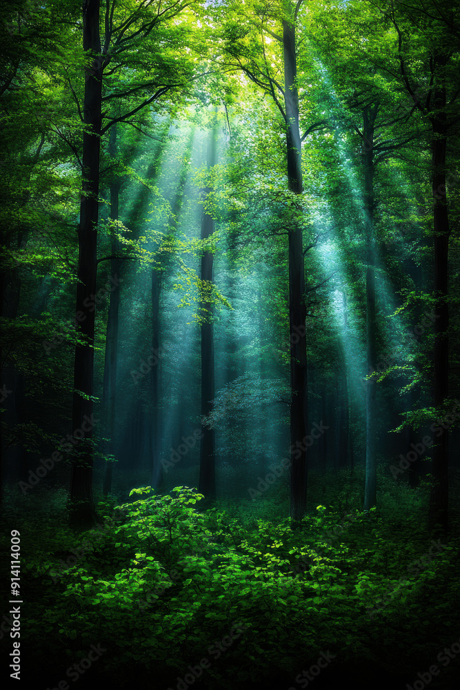 Obraz premium A forest with sunlight shining through the trees