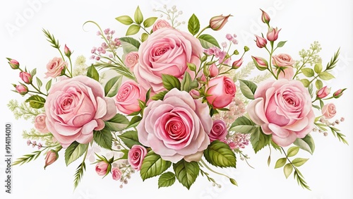 Delicate pink rose bouquets isolated on white background, perfect for wedding design, featuring beautiful flowers with intricate details and ornate corners and borders.