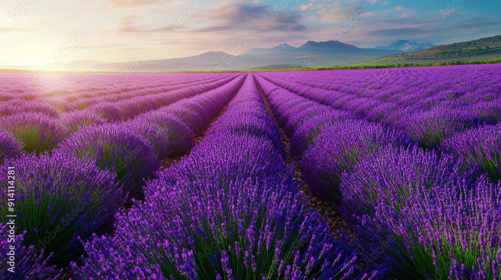 Obraz premium A field of lavender flowers with a bright sun shining on them. The field is vast and stretches out for miles. Scene is peaceful and serene, as the sun's rays illuminate the purple flowers