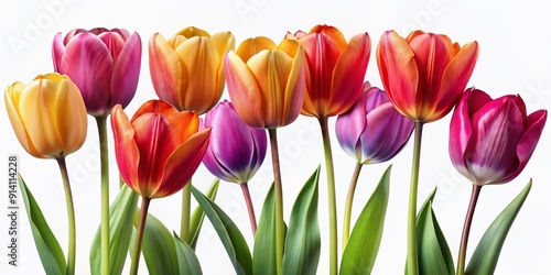 Vibrant tulips in a row, petals swaying gently, isolated on a transparent background, showcasing their cup-shaped blooms in a stunning display of spring beauty. photo