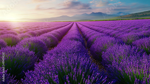 A field of lavender flowers with a bright sun shining on them. The field is vast and stretches out for miles. Scene is peaceful and serene, as the sun's rays illuminate the purple flowers