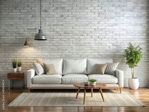 Spacious modern living room with sleek white sofa against a stylish white brick wall, providing ample copy space for text or design overlays.