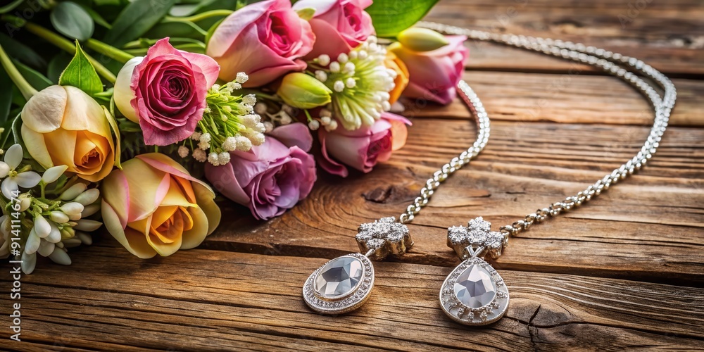 Elegant diamond necklace and sparkling earrings rest on a rustic wooden table amidst a bouquet of fresh colorful flowers, creating a romantic and serene atmosphere. Elegant diamond necklace and sparkling earrings rest on a rustic wooden table amidst a bouquet of fresh colorful flowers, creating a romantic and serene atmosphere.