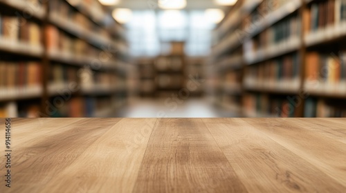 A serene wooden tabletop in a library, creating a warm and inviting atmosphere perfect for reading and studying. photo