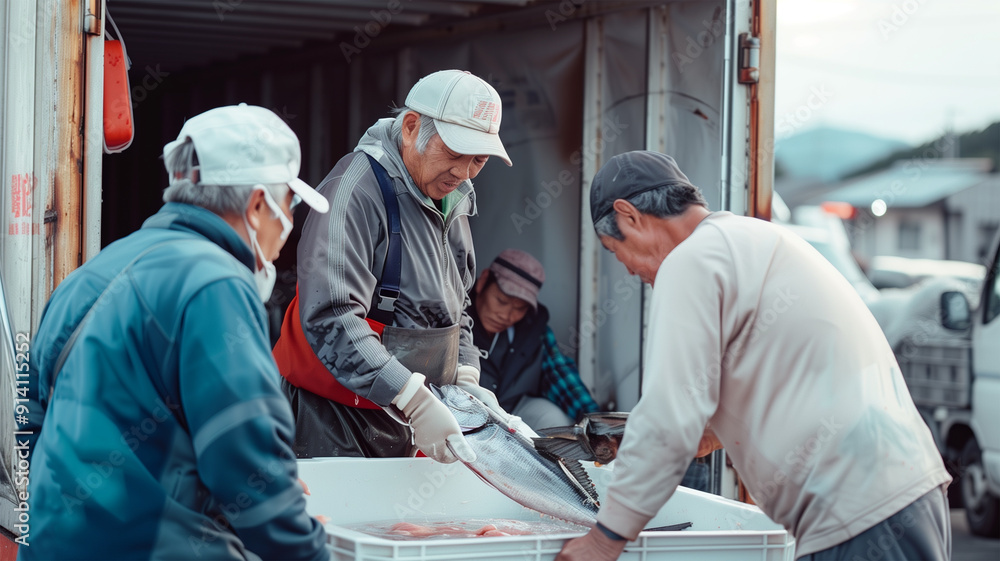 ドックで新鮮なマグロを冷蔵トラックに積み込む日本の漁師たち ドックで新鮮なマグロを冷蔵トラックに積み込む日本の漁師たち