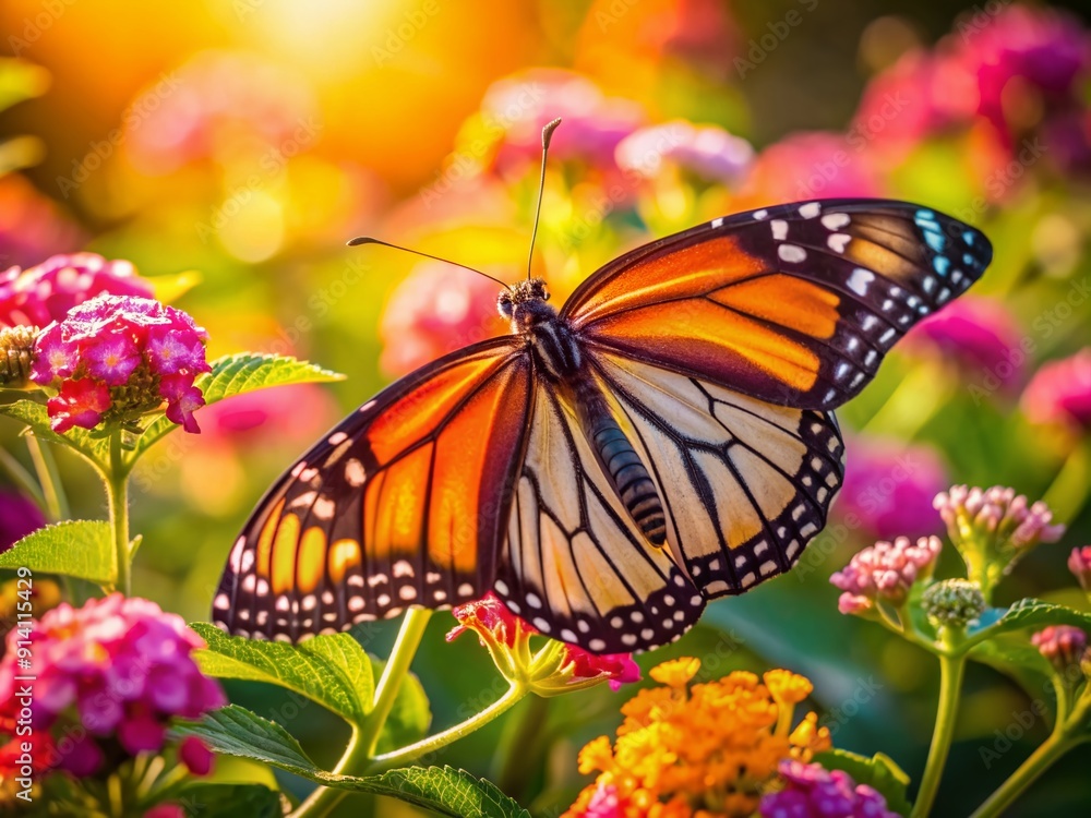 Vibrant monarch butterfly perches on a cluster of bright pink lantana flowers, basking in warm sunlight on a serene and tranquil summer afternoon backdrop. Vibrant monarch butterfly perches on a cluster of bright pink lantana flowers, basking in warm sunlight on a serene and tranquil summer afternoon backdrop.