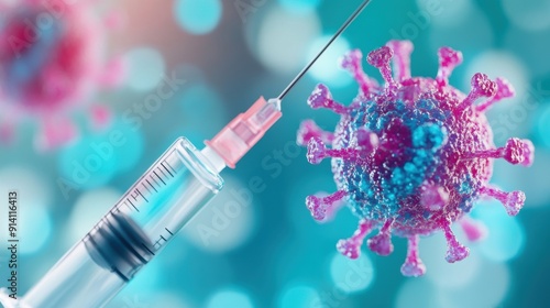 A syringe poised to deliver a vaccine to a virus, highlighting vaccination efforts against infectious diseases