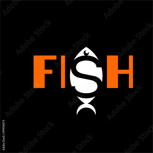 Text logo design "Fish" with fish illustration on letter S.