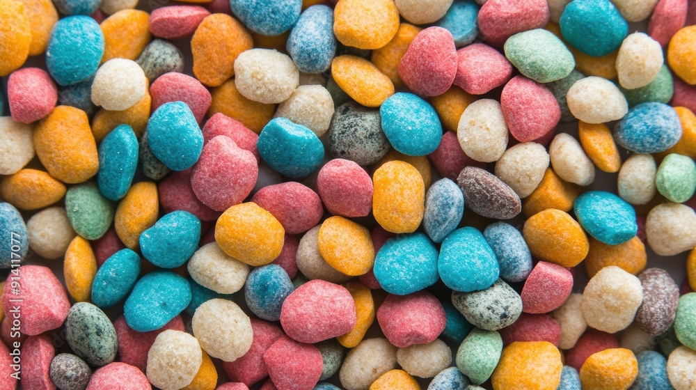 A vibrant assortment of pet kibbles in various colors fills the surface A vibrant assortment of pet kibbles in various colors fills the surface