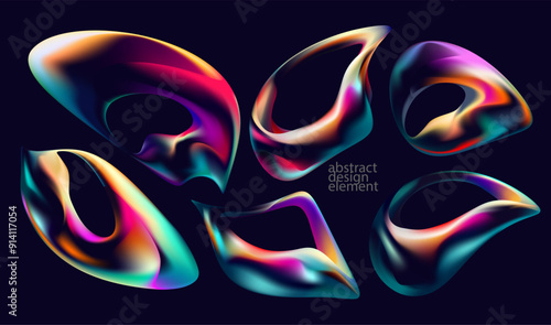 Set of iridescent fluid shapes and bubbles. Collection of colorful vector design elements.