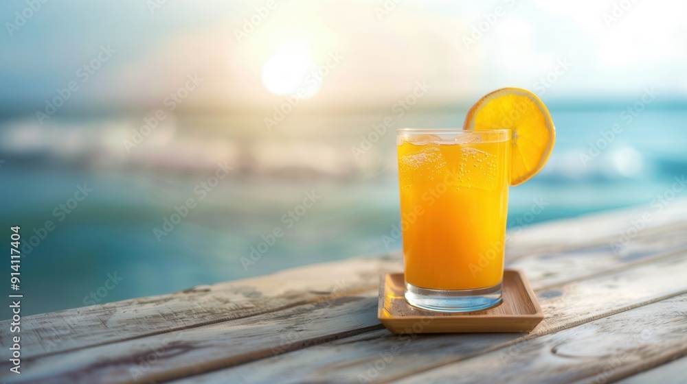 A glass of juice and fresh orange fruit closeup view on table with sandy beach and blue sea A glass of juice and fresh orange fruit closeup view on table with sandy beach and blue sea