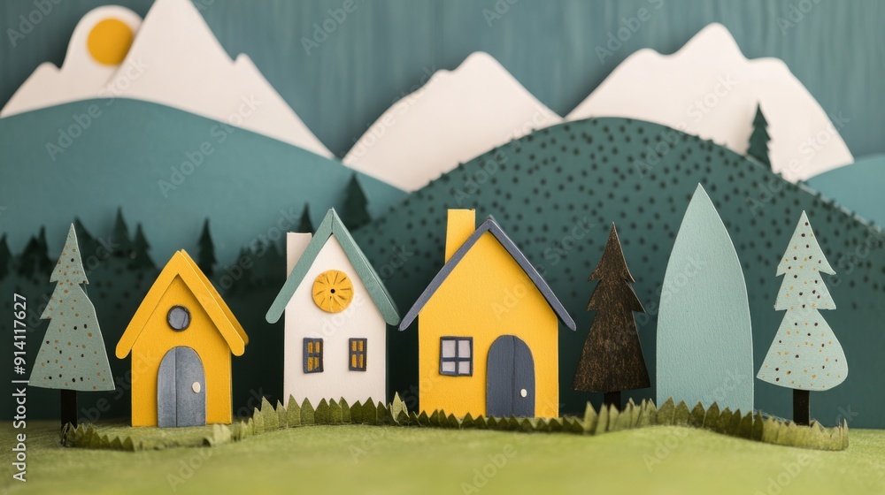 A paper craft village features colorful houses nestled among mountains and trees, creating a charming and whimsical landscape A paper craft village features colorful houses nestled among mountains and trees, creating a charming and whimsical landscape