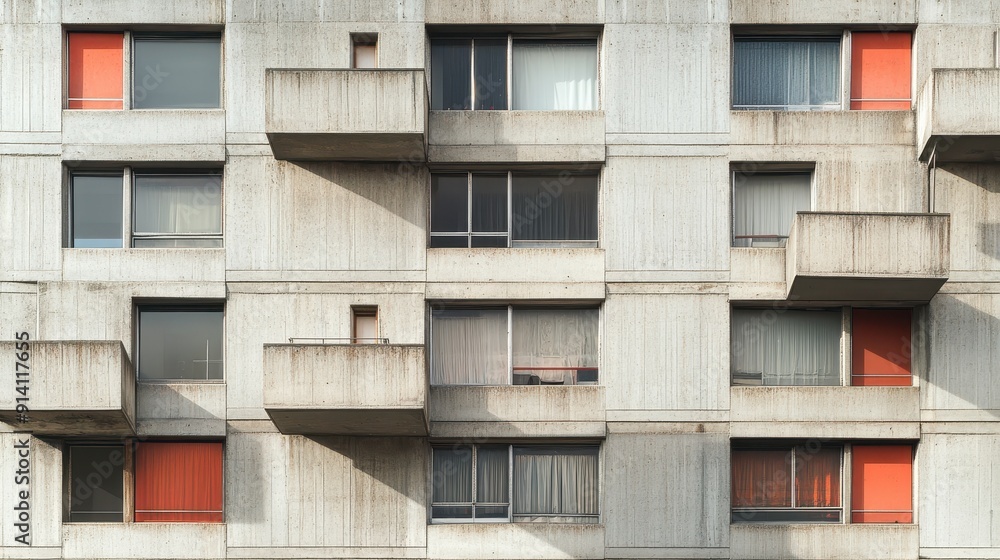 Concrete Facade with Red Doors and Balconies Concrete Facade with Red Doors and Balconies