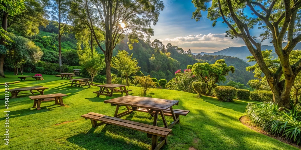 Obraz premium lush green garden surrounds a tranquil picnic area with wooden tables and benches, backed by towering trees and a scenic overlook.