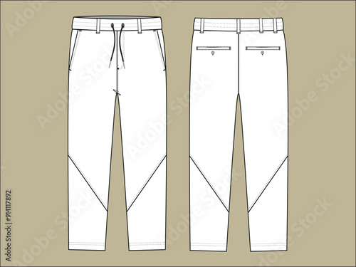 Menswear woven pants flat sketch outline vector fashion illustration template.