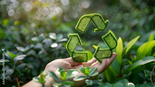 Reduce the idea of CO2 emissions. A hand holding a green CO2 emissions symbol stands for net zero, carbon neutrality, and awareness of one's carbon footprint. Changes in climate,  photo