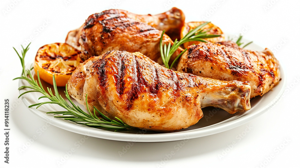 Grilled and roasted chicken ham with rosemary on a plate