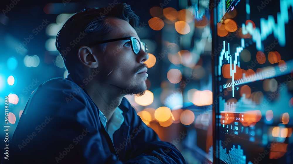 A trader sitting at a computer, analyzing charts and graphs to predict stock market trends. A trader sitting at a computer, analyzing charts and graphs to predict stock market trends.