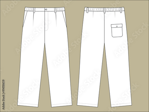 Men's formal trouser pant front and back view flat sketch fashion illustration and victor template.