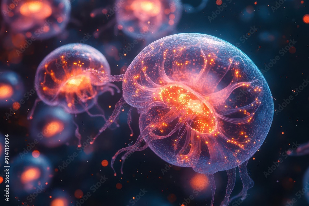 microscopic view of bioluminescent viruses floating in misty air ethereal glow abstract patterns scifi atmosphere eerily beautiful microbiology illustration microscopic view of bioluminescent viruses floating in misty air ethereal glow abstract patterns scifi atmosphere eerily beautiful microbiology illustration